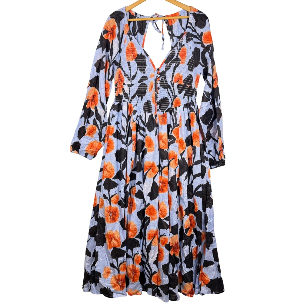 Masseys Fall Floral Smock Maxi Dress Blue Orange Boho Long Sleeve Cutout Back L